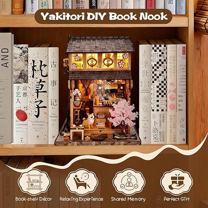 Soothee Japanese DIY Book Nook Kit with LED Lights - 3D Puzzles for Adults & Teens, Miniatures for Bookshelf Decor, Relaxing Craft & Unique Gift for Craft Lovers (Yakitori Grill House)