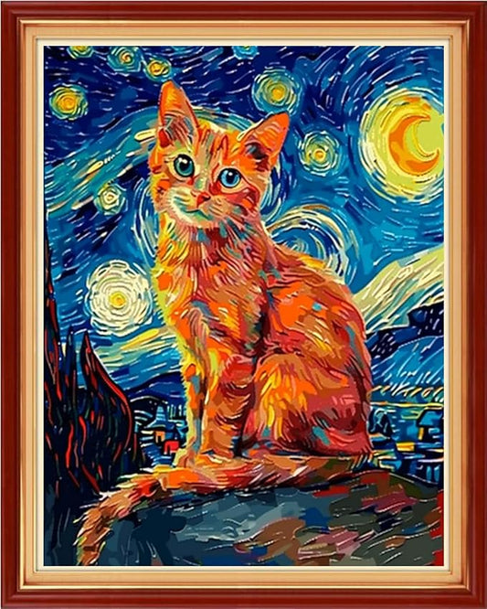 Foxhool Stamped Cross Stitch Kits,11CT Printed Cross Stitch Pattern Full Embroidery Kits for Beginner Needlepoint Kits-Cat Van Gogh Starry Sky 16x20 inch