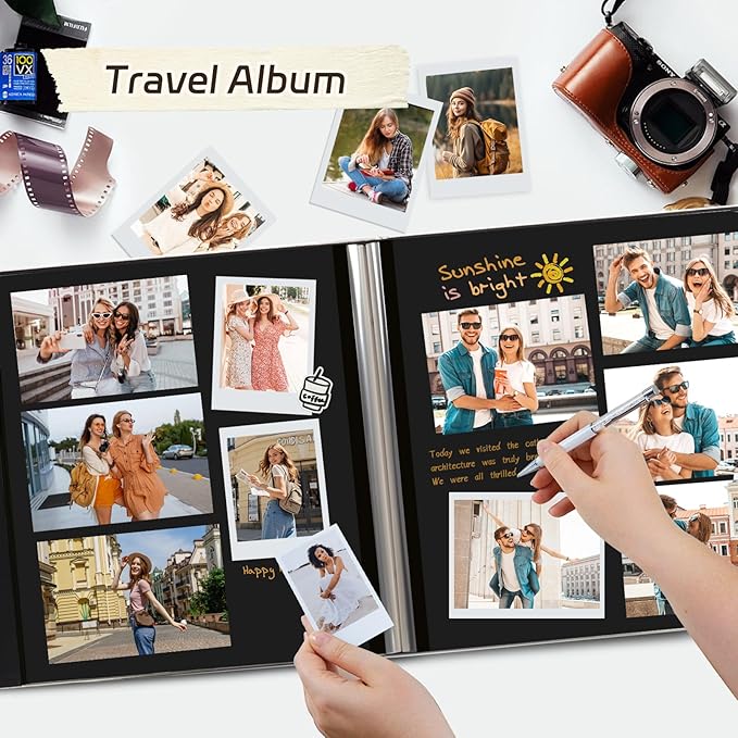 RECUTMS Photo Album Self Adhesive 60 Pages 4x6 5x7 8x10 Photos of Any Size White Inner Button Grain Leather DIY Scrap Book Baby Photo Albums Family Wedding Anniversary Photo Book Album （Black）