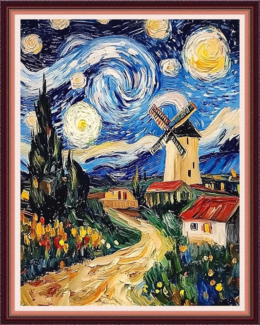 Fanxvivy Stamped Cross Stitch Kits for Beginners Full Range of Cross Stitching Preprinted Embroidery Kits for Adults, 11CT Embroidery Pattern Needlepoint Kits-Van Gogh Starry Sky Windmill 16x20 inch
