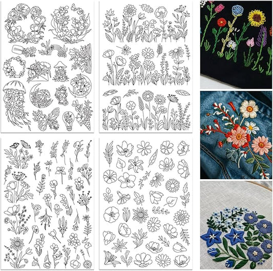 ORIGACH 4 Sheets 105 Pcs Water Soluble Embroidery Patterns Stabilizers - Pre-Printed Floral, Flowering Shrubs & Leaves Designs - Stick & Stitch Embroidery Paper for Hand Sewing Lovers