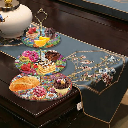 Three-Tier Diamond Painting Wooden Cake Stand DIY Sunflower Diamond Painting Cupcake Towel-Lined Tiered Tray Reusable Pastry Stand (Bee-Attracting Flowers)