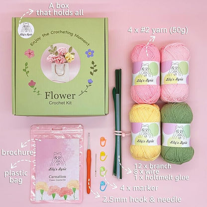 Lily's Lyric Flower Crochet Kit | Carnation & Ash Leaf | Step-by-Step Video Tutorial for Adults Teenagers | Craft Gift Idea DIY Home Decoration