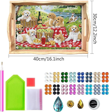 DOTSOPS Diamond Art Painting Wooden Serving Trays with Handles Tray with Handles Gem for Parties Home Decor (7.8x11.8 Inches)