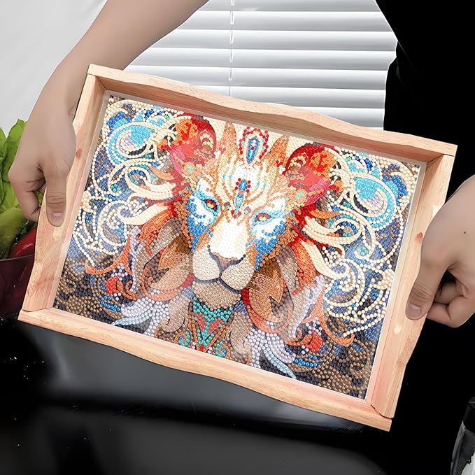 FGbaby DIY 5D Lion Diamond Painting Wood Serving Tray with Handles Diamond Art Decorative Serving Trays Wooden Tray for Breakfast in Bed, Patio, BBQ, Coffee Table, Party –Great for Lap & Couch