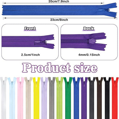 Zippers for Sewing 8 Inch, DOITEM 45pcs 20cm/8 Inch Invisible Multicolor Nylon Coil Zippers for Sewing and Crafts 15 Colors
