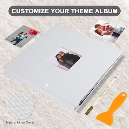 Self Adhesive Photo Album Black Pages Scrapbook Magnetic Photo Albums for 4x6 5x7 8x10 Pictures Books with Sticky Pages with A Metallic Pen for Baby Family Wedding 13.2x12.8 White 60 Pages