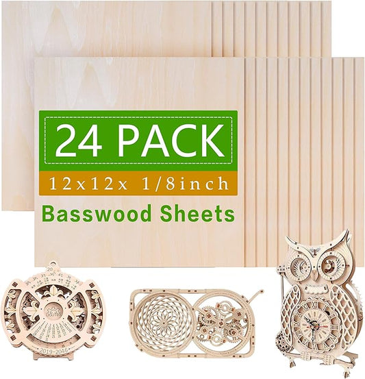 Mtalluste 24 Pack 12 x 12 x 1/8 Inch 3mm Basswood Plywood Sheets for Laser Cutting, Wood Burning, DIY Crafts
