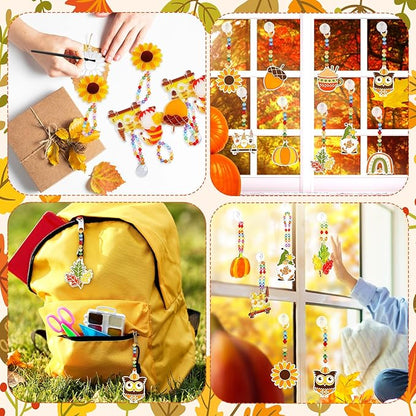 WinnerWhy 30 Sets Thanksgiving Day Fall Suncatchers Window Art Kits, Autumn Leaf Pumpkin Acorn DIY Sun Catchers Crafts Bulk Window Paint Art Ornaments for Classroom Home Party Activity (Autumn Style)