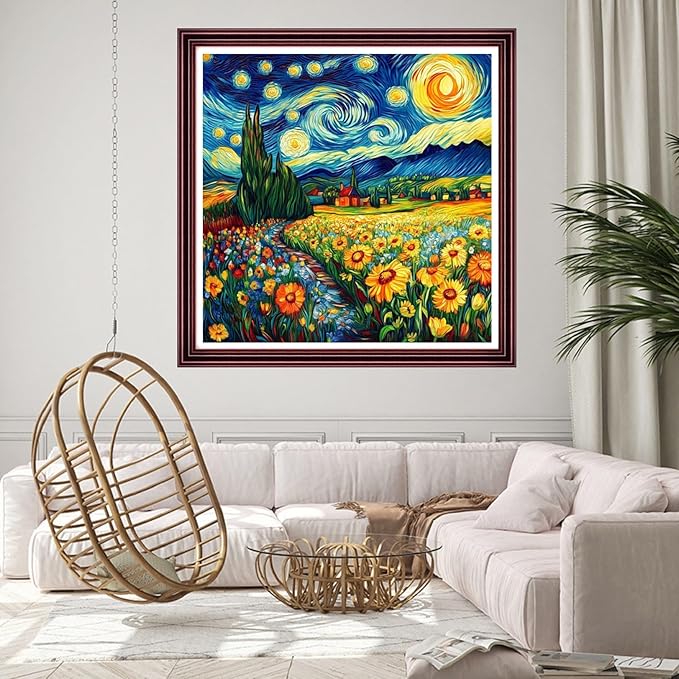 DMCCRAFT Stamped Cross Stitch Kits for Adults 11CT Printed Cross-Stitch Patterns Embroidery Kits Easy Cross Stitching Needlepoint Kits Crossstitch-Van Gogh Starry Sky Flower Sea 18x18 inch