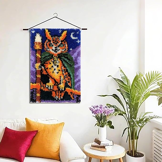 KitsMaster Owl Wizard Latch Hook Kit – Pre-Printed Canvas, Color-Coded Yarn, Starry Night Rug Craft for Adults & Beginners, 23.6''x15.8'' (Whimsical Forest Watcher)