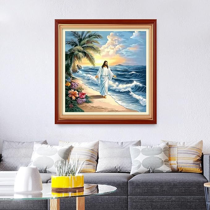Foxhool Stamped Cross Stitch Kits,11CT Printed Cross Stitch Pattern Full Embroidery Kits for Beginner Needlepoint Kits&Jesus by The Sea 18x18 inch
