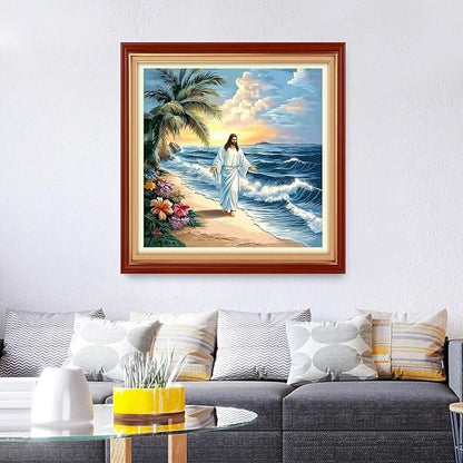 Foxhool Stamped Cross Stitch Kits,11CT Printed Cross Stitch Pattern Full Embroidery Kits for Beginner Needlepoint Kits&Jesus by The Sea 18x18 inch