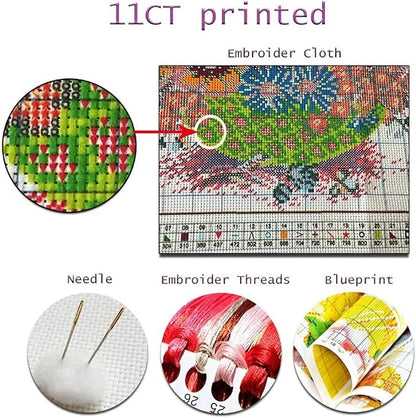 Redxing Stamped Cross Stitch Kits Full Range of Embroidery Starter Kits- Needlepoint Counted Cross Stitch Kits for Beginner Adults 11CT Printed Embroidery Kit-Sunset Afternoon Tea 18x18 inchs