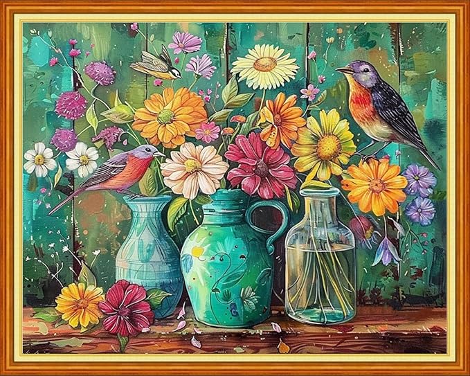 Funchey Stamped Cross Stitch Kits, DIY Cross Stitch Pattern for Adults Beginners Needlepoint Kits Embroidery Kit Arts and Crafts 11CT&Bird Vase 16x20 inchs