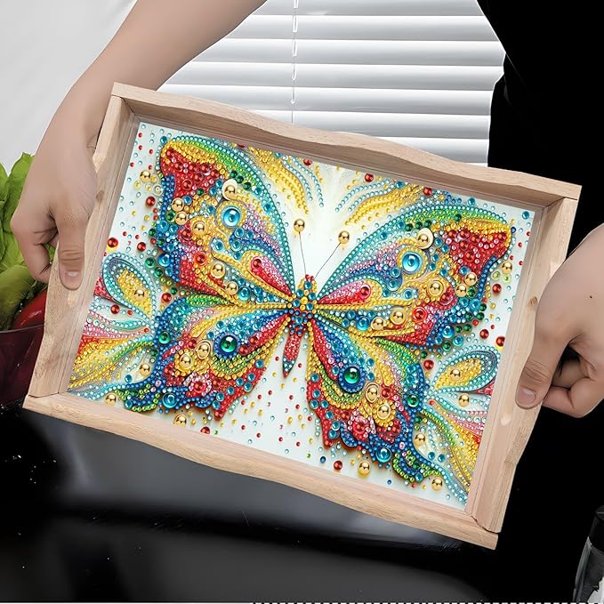 DIY Diamond Art Wooden Tray Kit, Food Tray with Handle Diamond Painted Table Decoration Tray, for Breakfast, Bar Dinner Table Diamond Dots Gem Painting Art Set for Beginners-#29-Butterfly