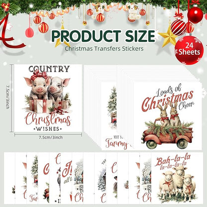 24 Sheets Vintage Christmas Rub On Transfers for Crafts, Rub On Transfers Christmas for Wood，Furniture Decals, Glass, Porcelain, Leather, Canvas, Fabric Projects,3 * 3inch(Farm Christmas)