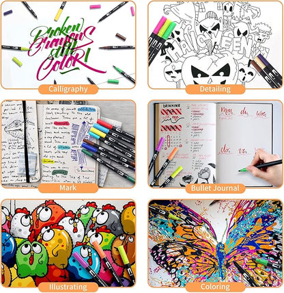 Peablce Art Markers Brush Pen, Markers for Adult Coloring Books No Bleeding,32 Colored Pens Fine Point Highlighter Pen & Brush for Adult Coloring Journaling Note Taking Planner