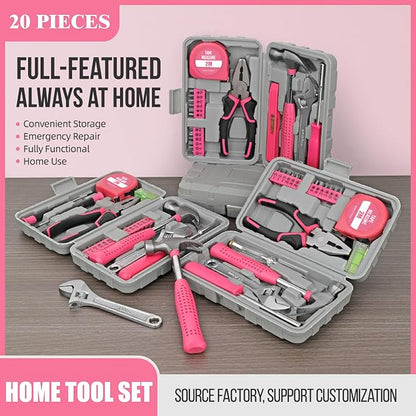 20 Pcs Home Tool Set, Basics Household Tool Kit with Small Mini Carrying Box for Men and Women DIY (Pink)