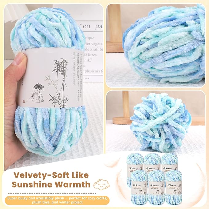 Velvet Chenille Yarn Pack – 6 Skeins × 100g Super Bulky (CYC #6) – Soft Velvet Chunky for Crocheting & Knitting, Fluffy Chenille Yarn for Blankets, Scarves & Crafts (Aqua Blue)