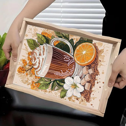 DoxQcs DIY Diamond Art Wooden Tray Kit Easter Food Tray with Handle Diamond Painted Table Decoration Tray for Breakfast Bar Dinner Table Diamond Art Painting for Beginners-#11-Coffee