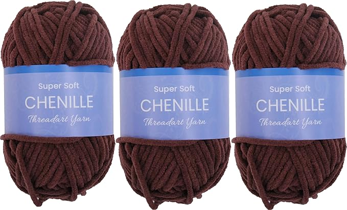 3 Pack ThreadArt Chenille Yarn for Crocheting, Knitting, Amigurumi, Super Soft Plush Velvet Yarn - 50 Gram 60 yds #5 Fluffy Yarn Skeins - Chocolate Brown 14