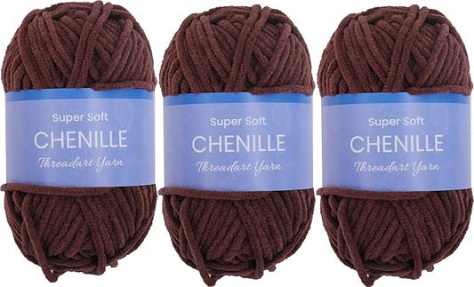 3 Pack ThreadArt Chenille Yarn for Crocheting, Knitting, Amigurumi, Super Soft Plush Velvet Yarn - 50 Gram 60 yds #5 Fluffy Yarn Skeins - Chocolate Brown 14