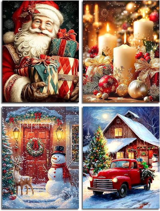 Muzagroo Art 5D Christmas Diamond Paintings Kits for Adults, Hand Crafts Diamond Art Kits for Beginners, DIY Gem Art Kits Diamond Dot Paintings Kits Art Crafts 12x16 Inches 4PCS(Christmas)
