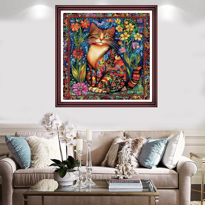 Redxing Stamped Cross Stitch Kits Full Range of Embroidery Starter Kits- Needlepoint Counted Cross Stitch Kits for Beginner Adults 11CT Printed Embroidery Kit-Magical Flower Cat 18x18 inch