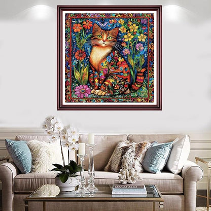 Redxing Stamped Cross Stitch Kits Full Range of Embroidery Starter Kits- Needlepoint Counted Cross Stitch Kits for Beginner Adults 11CT Printed Embroidery Kit-Magical Flower Cat 18x18 inch