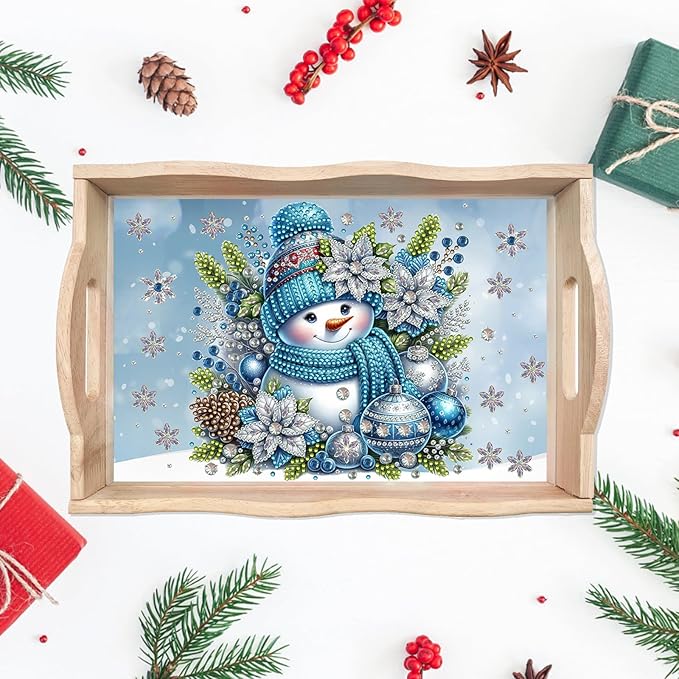 DIY Diamond Art Painting Wooden Tray Kit With Handle, Food Tray for Breakfast, Bar Dinner Table Decoration, Diamond Dots Gem Painting Art Set for Beginners-Snowman1