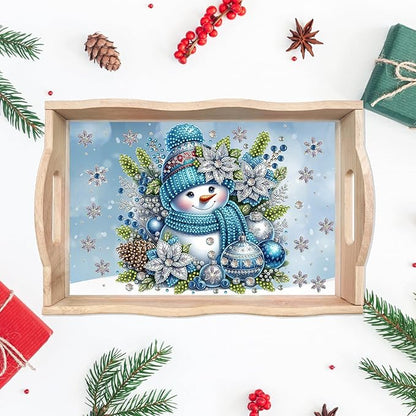 DIY Diamond Art Painting Wooden Tray Kit With Handle, Food Tray for Breakfast, Bar Dinner Table Decoration, Diamond Dots Gem Painting Art Set for Beginners-Snowman1