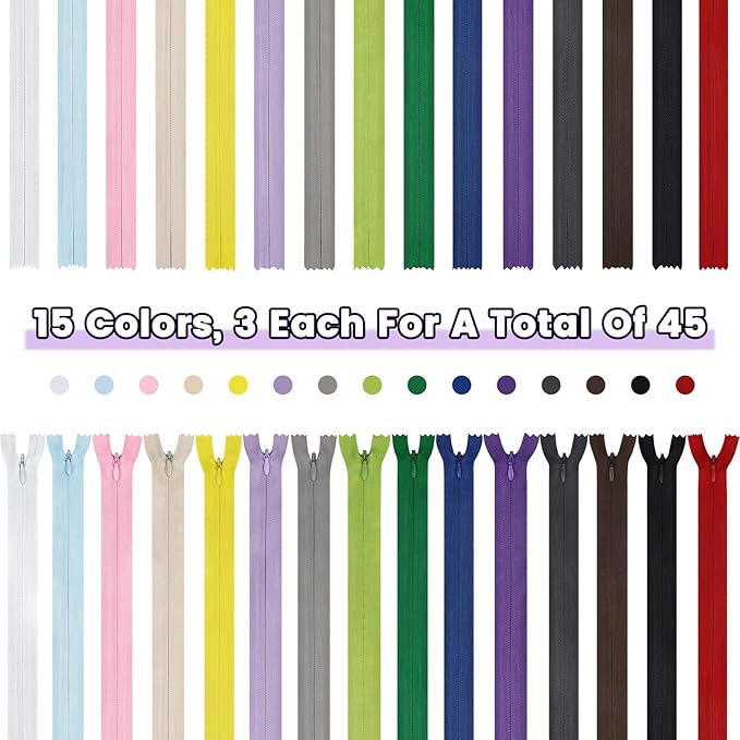 Invisible Zippers for Sewing, DOITEM 45pcs 10 Inch Invisible Multicolor Nylon Coil Zippers for Sewing and Crafts 15 Colors