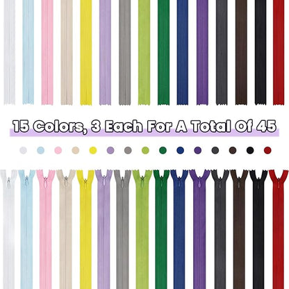 Invisible Zippers for Sewing, DOITEM 45pcs 30CM / 12 Inch Invisible Multicolor Nylon Coil Zippers for Sewing and Crafts 15 Colors
