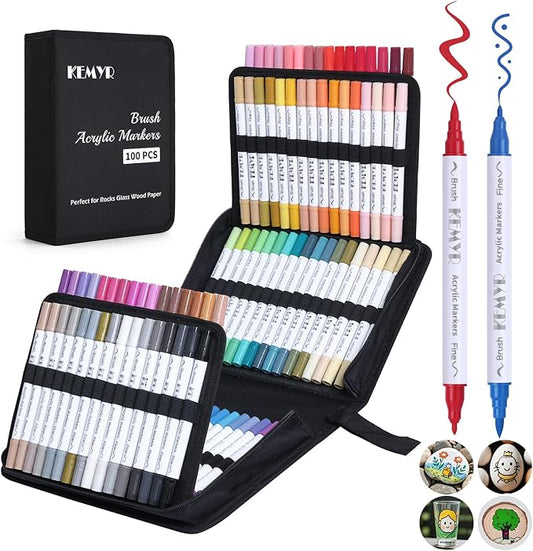 KEMYR 100 Colors Brush & Fine Tip Acrylic Paint Pens, Dual Tip Acrylic Paint Markers for Paper, Wood, Canvas, Stone, Rock, Glass, Fabric, DIY, Ceramic, Art Supplies for Adults Drawing
