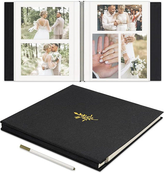 Remowith Self Adhesive Photo Album, Black Scrapbook Album with DIY 40 Blank Pages, Wedding Photo Album with A Metallic Pen for 4x6 5x7 2x3 Pictures, 10.6"x11"