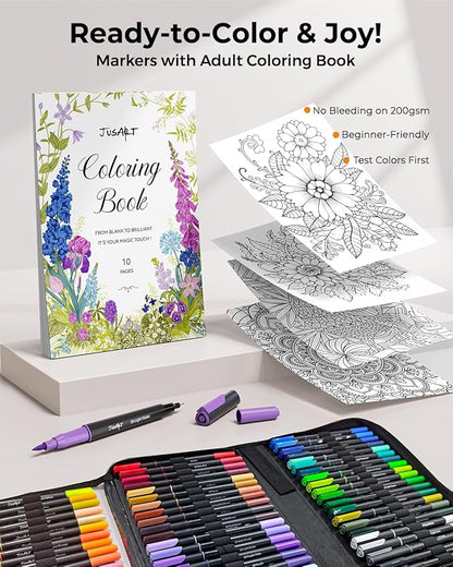 JusArt Markers for Adult Coloring Books No Bleeding, 100 Colors Coloring Markers with Dual Tips, Fine & Brush Pens with Ergonomic Triangle Grip & 33% More Ink, Water-Based Art Drawing Set for Adults