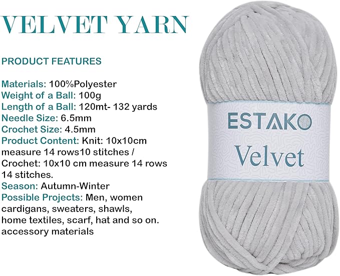Estako Velvet (3- Skeins Pack) Chenille Blanket amigurumi Yarn for Crocheting and Knitting Super Bulky 3x100 gr (3x132 yds) (1120 - Light Grey)