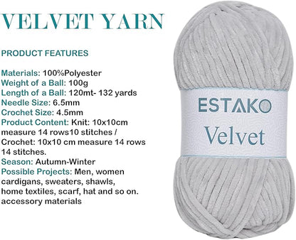 Estako Velvet (3- Skeins Pack) Chenille Blanket amigurumi Yarn for Crocheting and Knitting Super Bulky 3x100 gr (3x132 yds) (1120 - Light Grey)