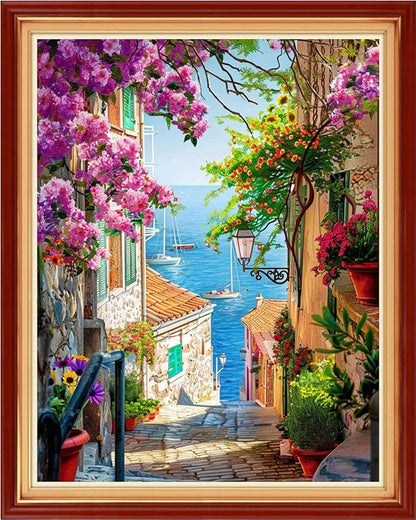 Artvxeay Stamped Cross Stitch Kits | Embroidery Kits for Beginners Craft Kit Needlepoint for Adults Supplies DIY 11CT- (Seaside Flower Street 16x20 inch)