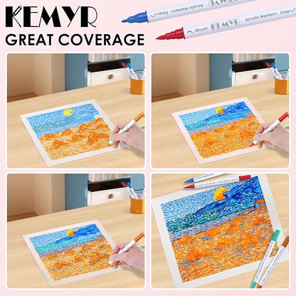 KEMYR 72 Colors Brush & Fine Tip Acrylic Paint Pens, Dual Tip Acrylic Paint Markers for Paper, Wood, Canvas, Stone, Rock, Glass, Fabric, DIY, Ceramic, Art Supplies for Adults Drawing