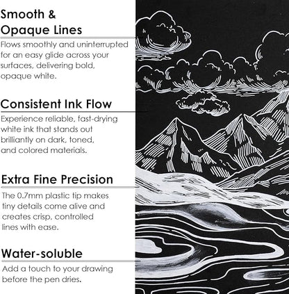 Grabie 6 White Extra Fine Tip Acrylic Paint Marker Set, 6 Pack, 0.7mm Acrylic Paint Pens for Highlights, Highlight Markers (6 White Acrylic Markers)