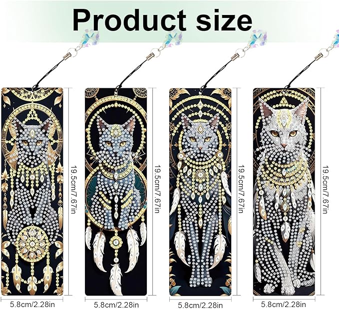 4-Piece Dreamcatcher Cat Diamond Painting Bookmarks Set for Adults – DIY 5D Rhinestone Art Bookmark Kits with Tassels, Beautiful Diamond Art Bookmarks for Crafts and Gifts