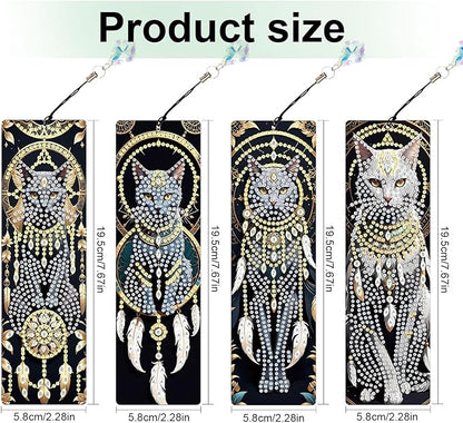 4-Piece Dreamcatcher Cat Diamond Painting Bookmarks Set for Adults – DIY 5D Rhinestone Art Bookmark Kits with Tassels, Beautiful Diamond Art Bookmarks for Crafts and Gifts