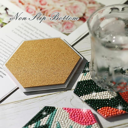 Temlum 6 Pcs Diamond Painting Coasters with Holder, Flower Diamond Art Coasters Diamond Small Painting Kits for Beginners, Adults Art Craft Supplies