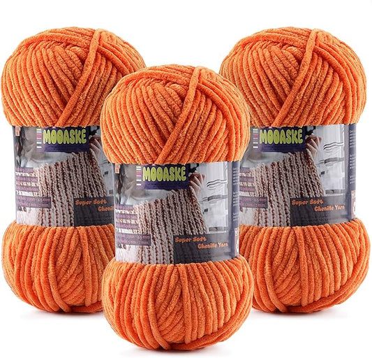 Baby Blanket Yarn for Crocheting - Soft Velvet Fluffy Chenille Yarn for Knitting Amigurumi Making Scarves, Doll - 100g/3.5oz 131 Yards Thick Plush Yarns (3, Orange)