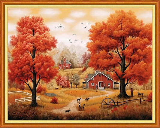 DMCVIVR Stamped Cross Stitch Kits for Beginners Adults Needlepoint Kits for Beginners Embroidery Kits for Adults Crossstitch Kit for Beginners 11CT-Autumnal Scenery 16x20 inch