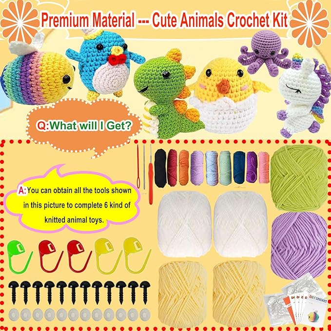 6PCS Crochet Kit for Beginners, Beginners Knitting Kit for Adults, Cute Animals Complete Starter Kit with Step-by-Step Video Tutorials and Instructions, Christmas Gifts for Adults and Friends