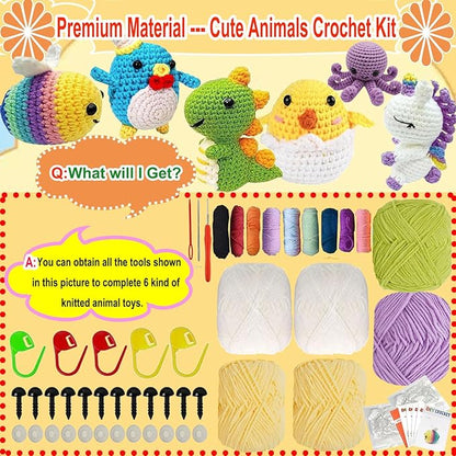 6PCS Crochet Kit for Beginners, Beginners Knitting Kit for Adults, Cute Animals Complete Starter Kit with Step-by-Step Video Tutorials and Instructions, Christmas Gifts for Adults and Friends