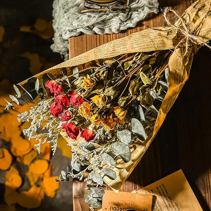 Dried Rose Flower Bouquet with Eucalyptus, Babies Breath Used for Home Farmhouse Decor, Table Decor Real Dried Flowers for vase, Gift for Mother Friend. 16.5 Inches